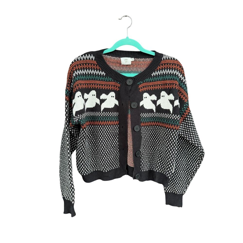 NWT LUNA IVY Ghost Fair Isle Knit Cardigan Sweater | Halloween Spooky Cute Small - Picture 3 of 9